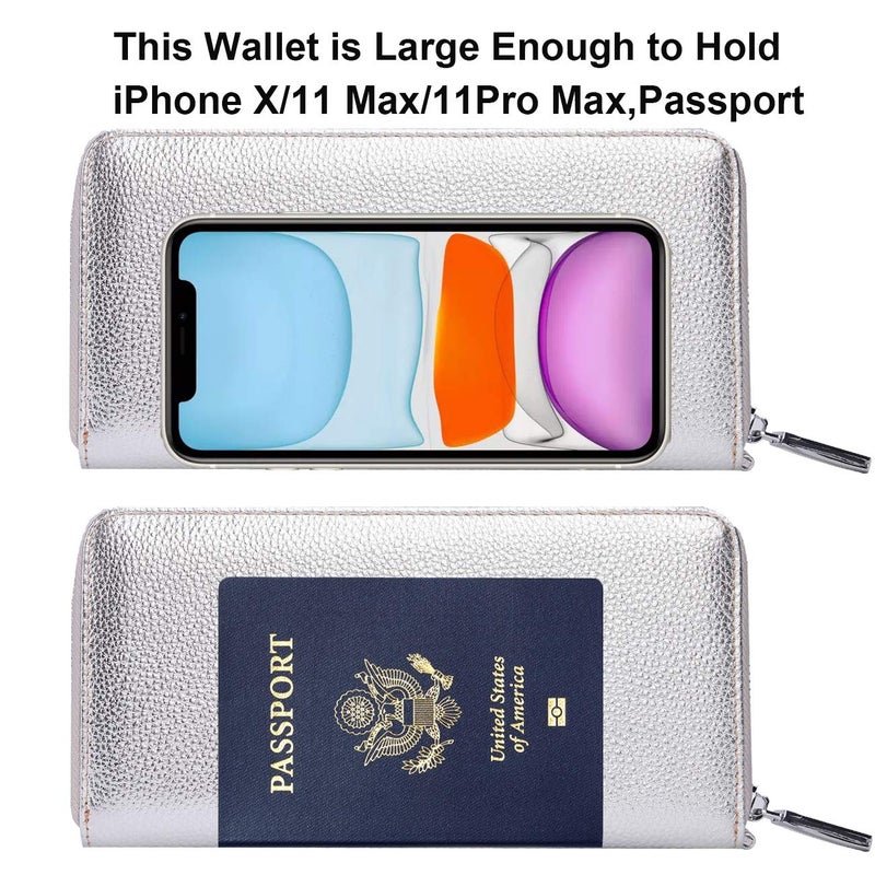Lavemi Women's RFID Blocking 100% Leather Large Capacity Zip Around Wallet Phone Holder Clutch Travel Purse Wristlet(Large Size Pebbled Silver) - Image 5